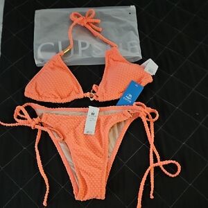 Cupshe Neon Coral Textured Tie-Side Bikini Set